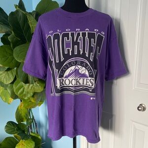 Rare Vintage 1995 Colorado Rockies MLB Team Graphic LOGO 7 Purple Large T-Shirt
